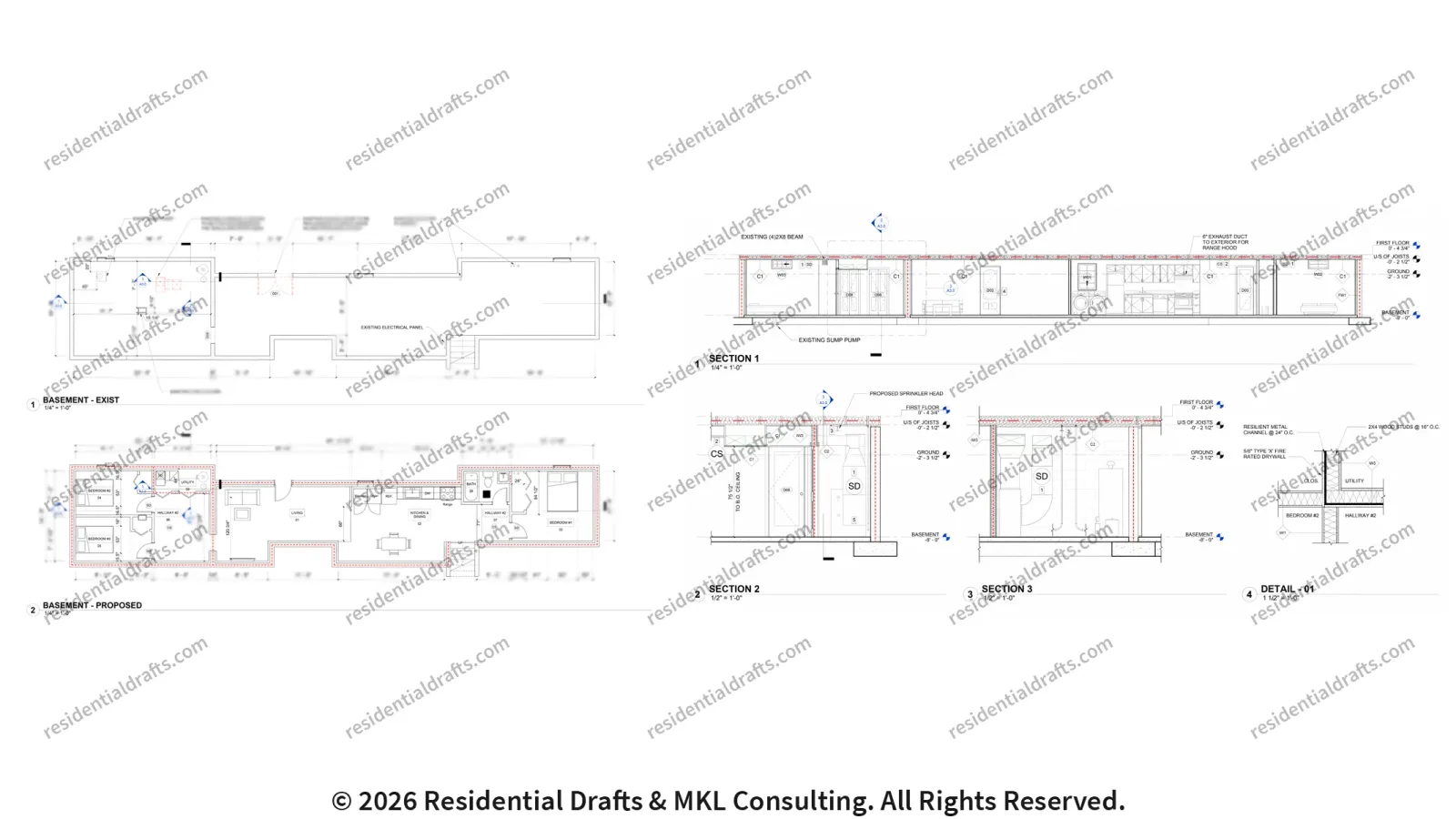 Basement ADU Addition in Roslin, ON. Precise floor plans, Code-Compliant ADU Drafting, and structural detailing.